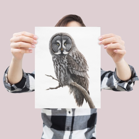 Watercolor Great Grey Owl Portrait Wall Art Print Poster, Unframed - Picture 4 of 6